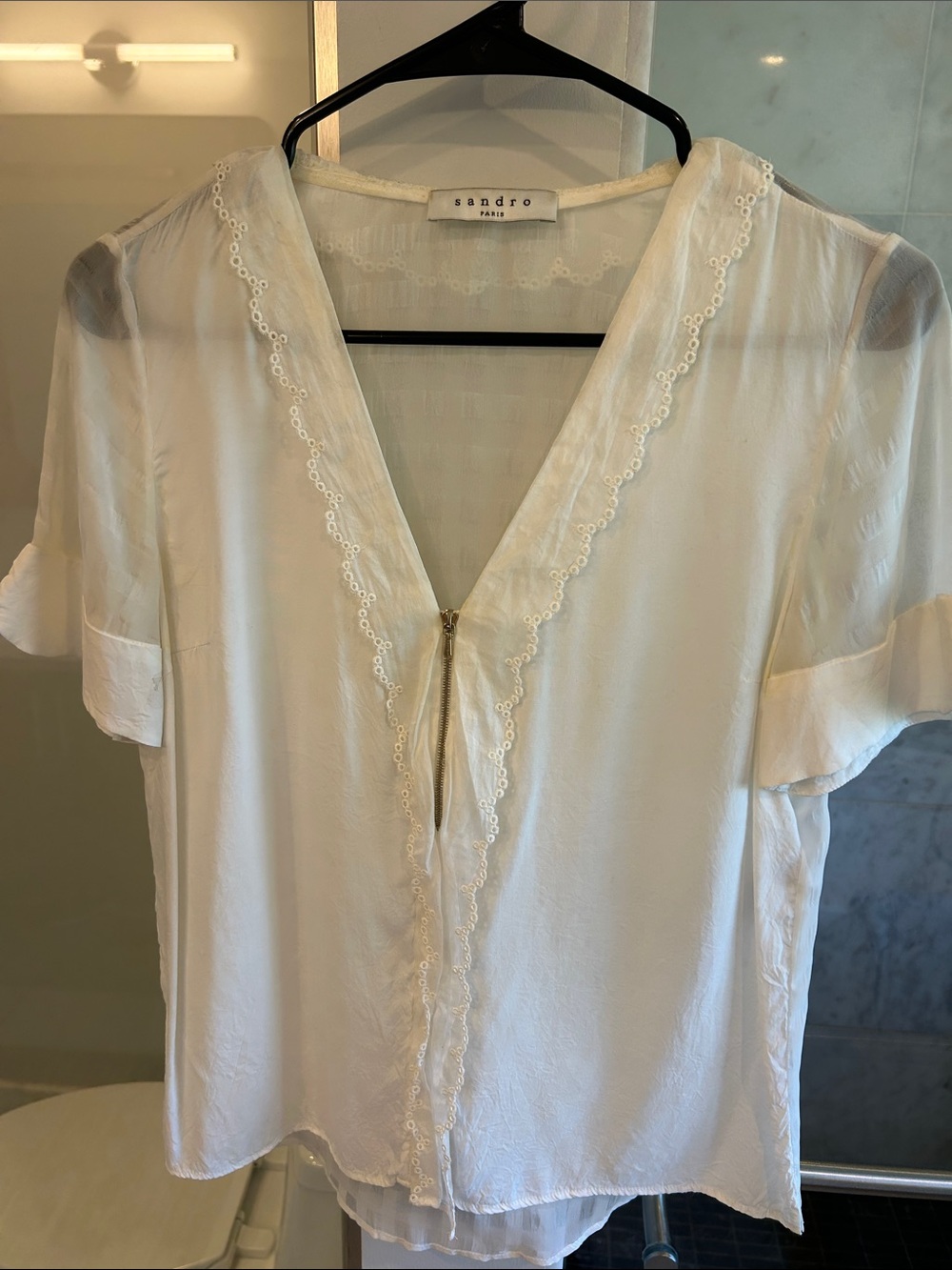 Sandro Cream Scalloped V-Neck Silk Top